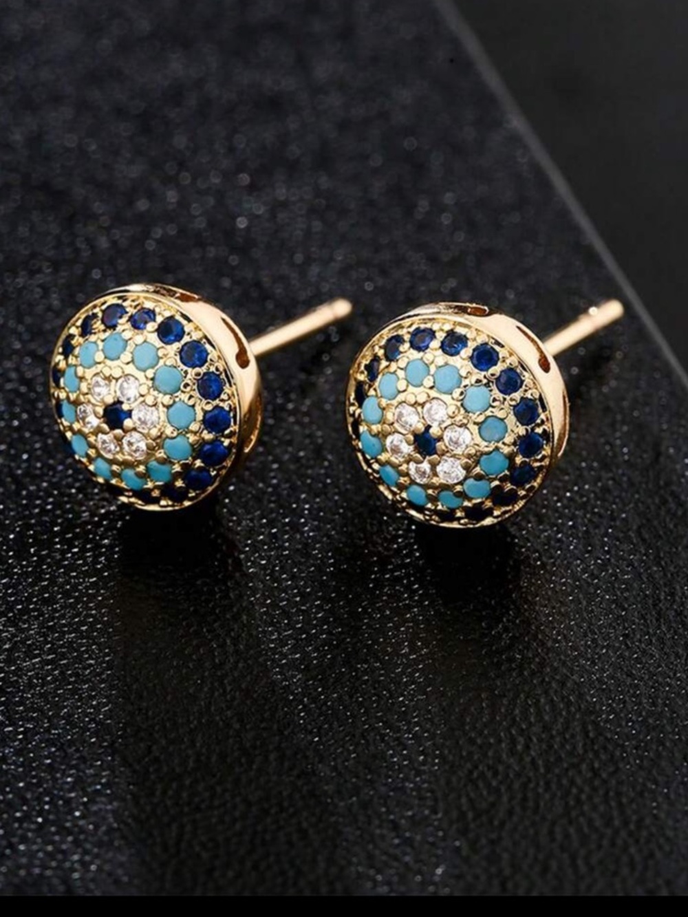 Gold-Tone Blue & Turquoise Color Pavé Crystals Round Stud Earrings